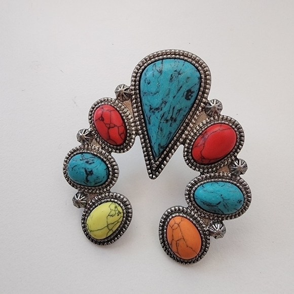 NEW Bohemian Statement Turquoise Multicolor Stone Silver Ring Adjustable - Picture 3 of 8
